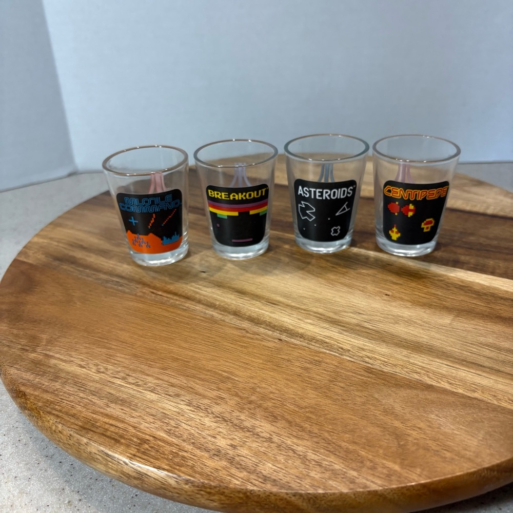 Atari Retro Shot Glasses 2009 Asteroids, Missile Command, Centipede, & Breakout
